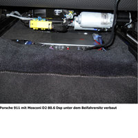 Ein abgedecktes Bassreflexgehäuse im Kofferraum eines schwarzen Porsches