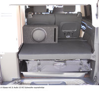 Ein abgedecktes Bassreflexgehäuse im Kofferraum eines Mercedes